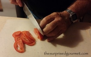 Slicing tomato for Heaven Egg Sandwich